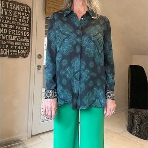 Haute Hippie green floral blouse with beaded cuffs. Size medium.